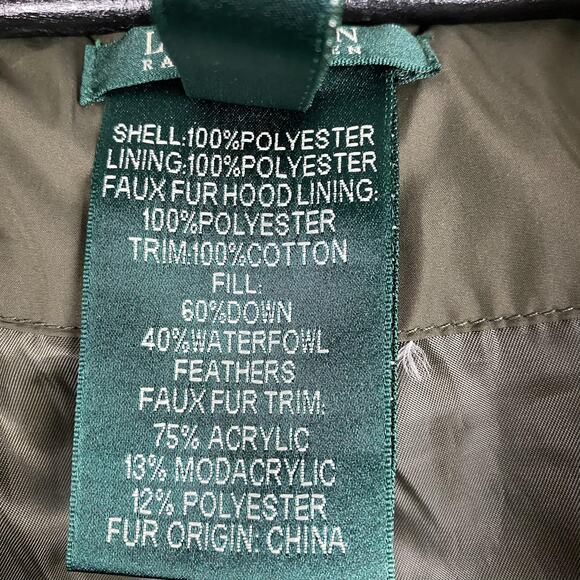 Lauren Ralph Lauren Coat Womens Small Green Down Puffer Hooded Faux Fur Long - Picture 12 of 16